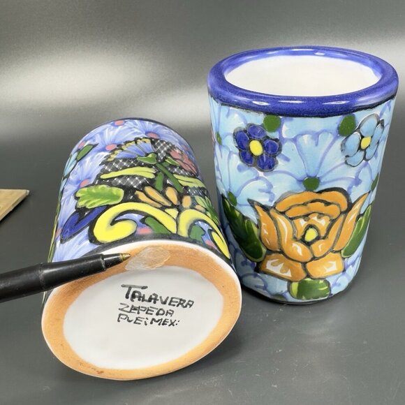 Hand Made Talavera Pottery Cups Tumblers Set 2 Signed Zepeda Puebla Mexico Cups - Picture 5 of 12